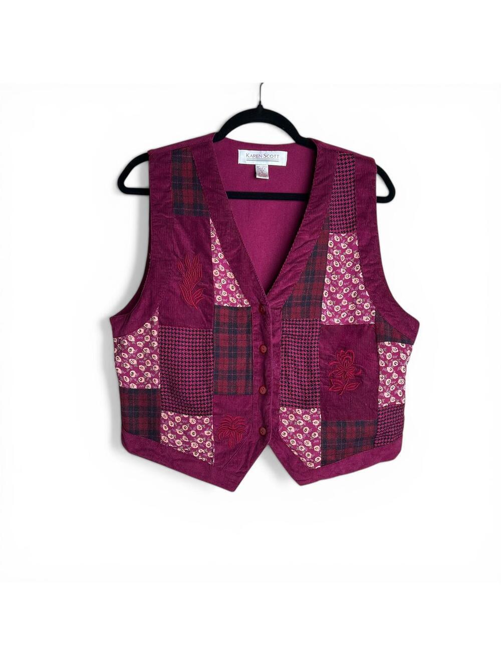 Vintage Patchwork Burgundy Cotton Vest Medium